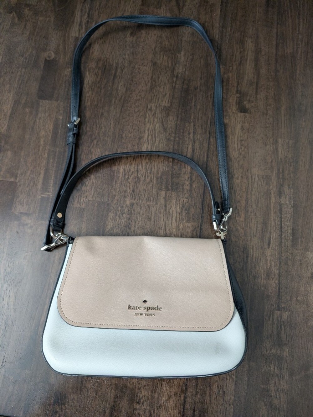 kate spade Beige and White Leather Crossbody with Black Strap